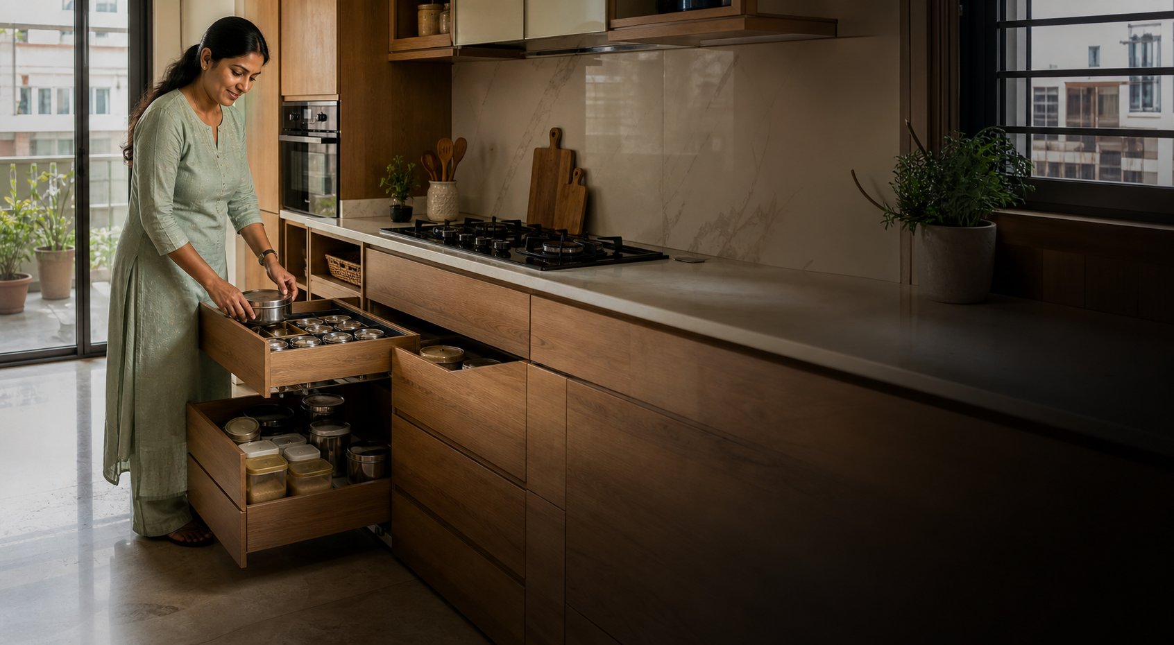 AI-generated concept showing a fictional Tamil Nadu homeowner in a practical modular kitchen